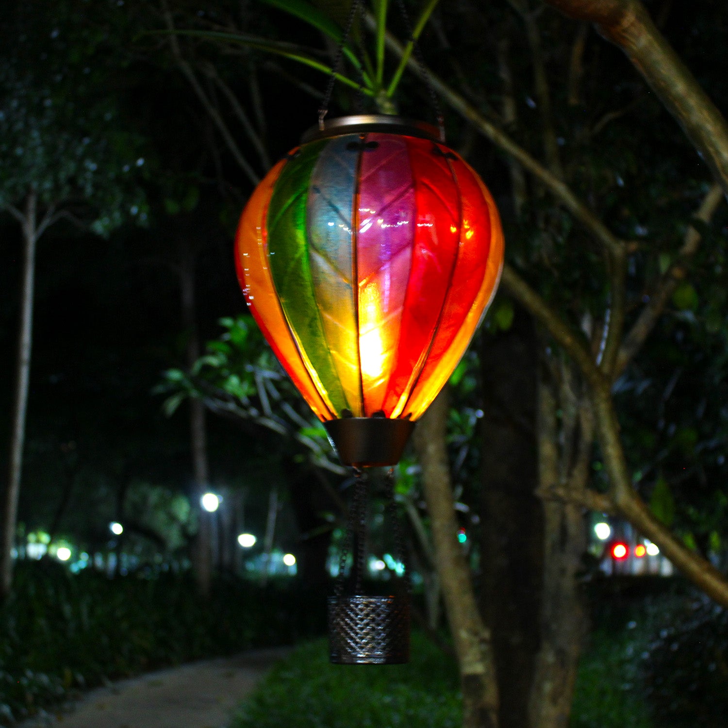 close-up of glass texture and rainbow pattern on solar balloon lantern