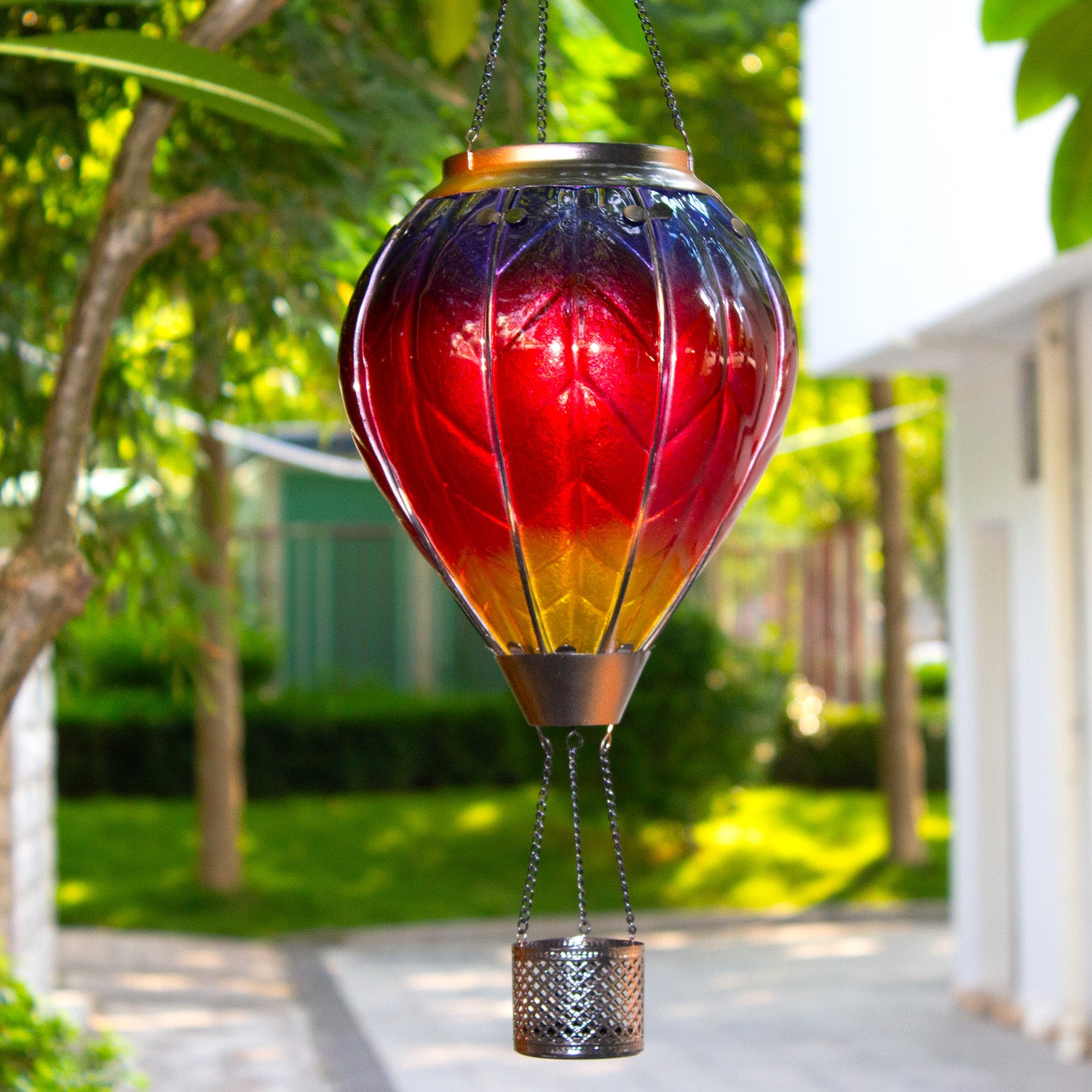 front view of rainbow hot air balloon solar lantern for backyard decoration