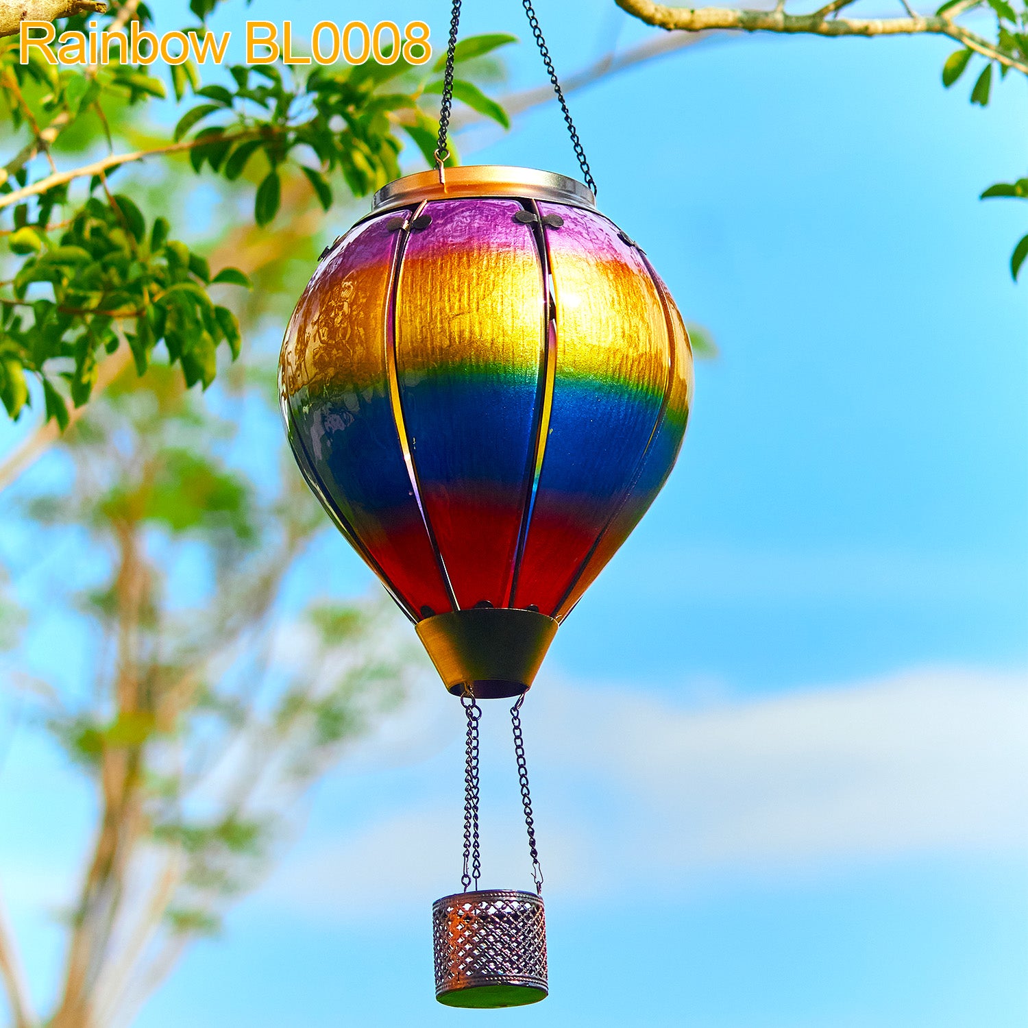 Colorful solar lantern with rainbow gradient panels glowing in a backyard garden, ideal for backyard decorations and yard lights