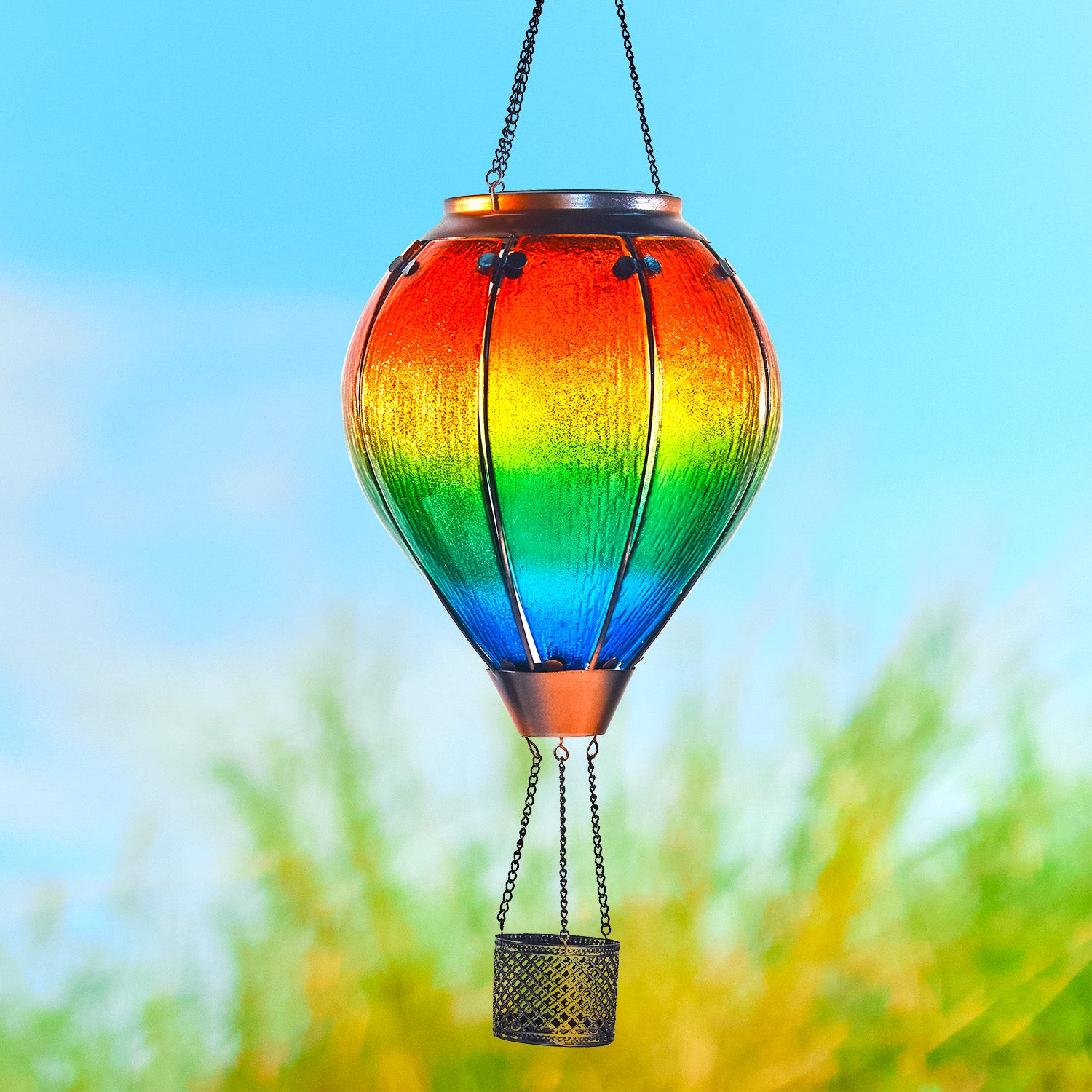 Rainbow lantern glowing over a patio table, great for patio solar LED lights and garden solar lighting