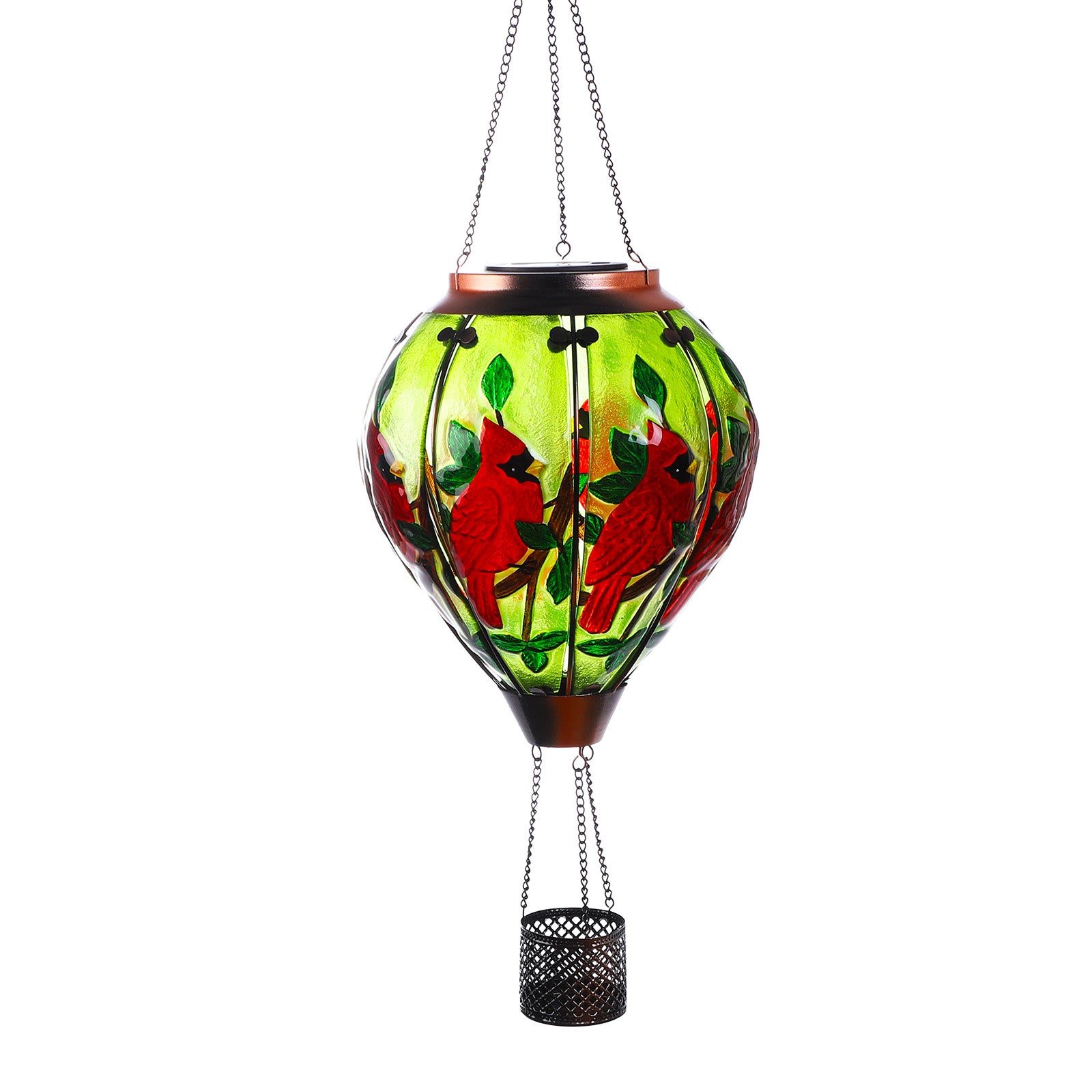 Daytime view of cardinal-themed balloon lantern reflecting color in a sunny backyard, part of solar garden decor ideas