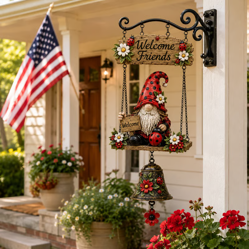 🎊 2026 Sale ！🔔 Gnome Welcome Doorbell Outdoor Decor – Charming Gnome Figure with Melodic Bell | Durable Zinc Alloy, Weatherproof & Easy to Hang 🧙‍♂️🏡